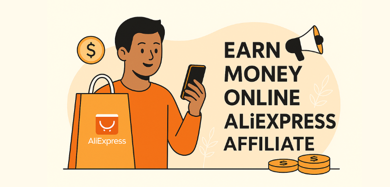 Man using his phone next to an AliExpress shopping bag.